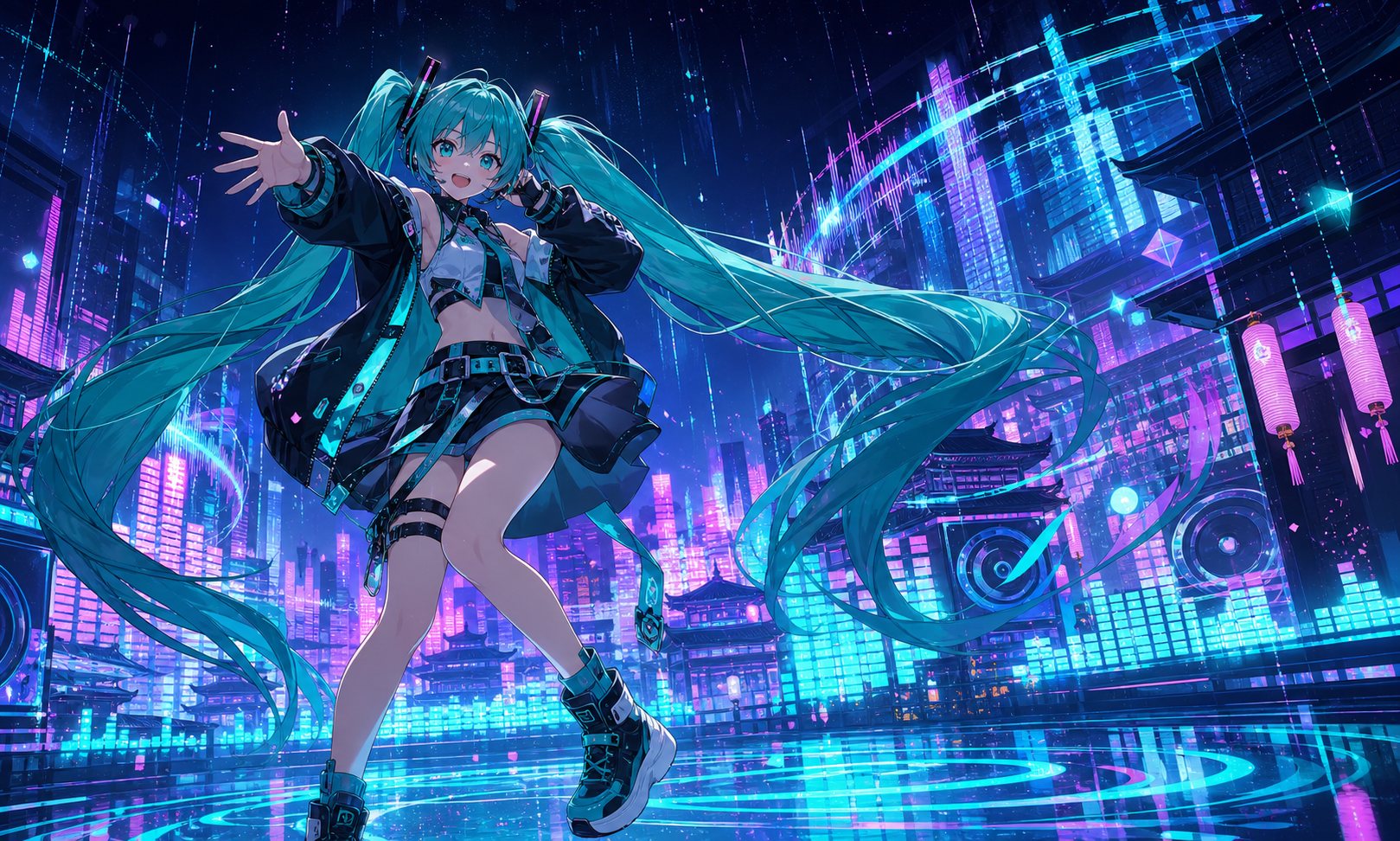 Fan-art de Hatsune Miku dansant dans une ville musicale néon