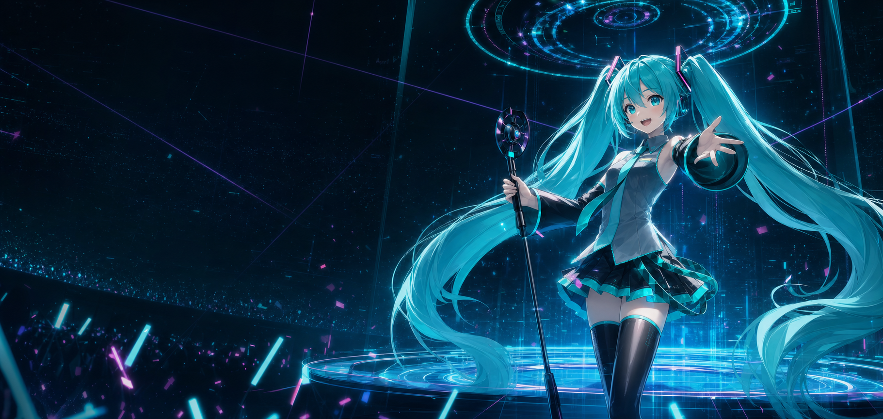 Fan-art original de Hatsune Miku sur une scène virtuelle illuminée